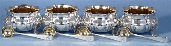 A set of four William IV silver salts, by Charles Goodwin, dia 78mm, weight 15.6oz/486grms.